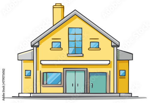 Simple yellow cartoon house illustration with blue windows and pitched roof