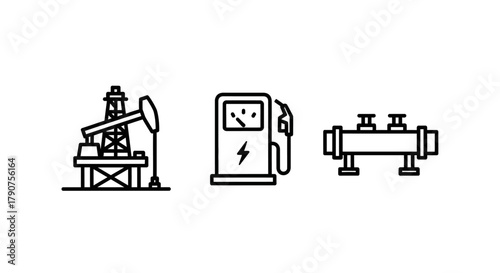 Icons depicting oil extraction, gas station, and industrial pipeline.
