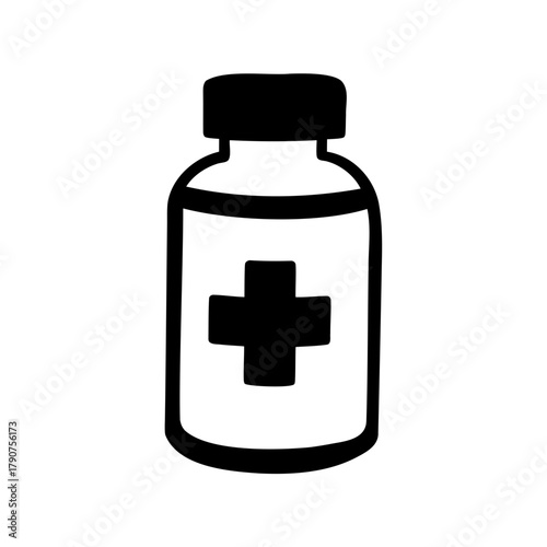 Medical pill bottle with cross icon simple doodle line art Vector, illustration