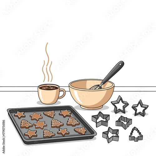 Illustration of freshly baked cookies on a tray with a bowl, coffee, and cookie cutters.