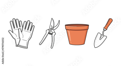 Gardening tools: gloves, pruners, flower pot, and trowel.