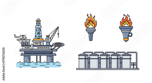 Illustration of an offshore oil rig, storage tanks, and gas flares.