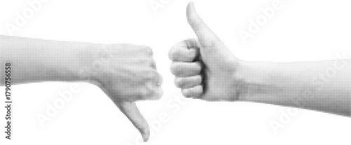 Black and white halftone illustration of hands showing thumbs up and thumbs down. Pop art style symbolizing approval, disapproval, and contrast of opinions.