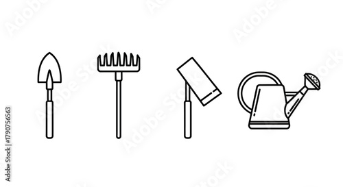 Line art illustration of gardening tools: shovel, rake, hoe, and watering can.