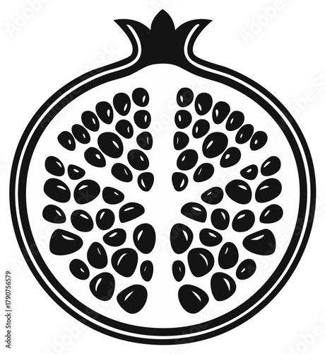 Simple black and white pomegranate fruit icon cut in half showing seeds, stylized vector illustration