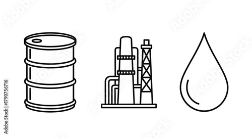 Oil industry icons: barrel, refinery, and drop outline.