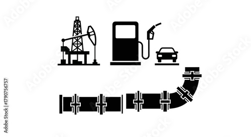 Oil industry icons: oil rig, gas station, car, and pipeline.