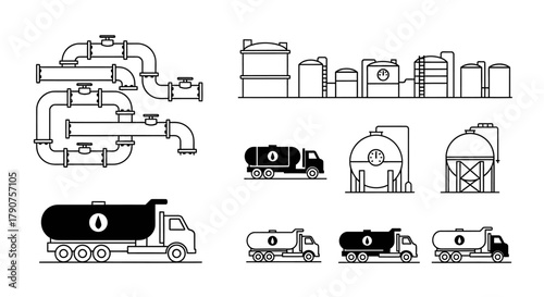 Oil industry icons: pipelines, tanks, and tanker trucks in black and white.