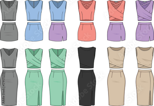 Women’s outfit illustration, sleeveless top and skirt set, neckline variation, skirt length styles, fashion mockup, apparel vector, garment sketch, color combinations
