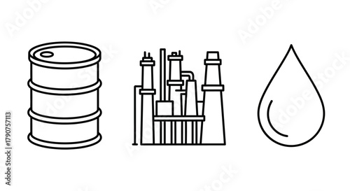 Line art icons of oil barrel, refinery, and oil drop.