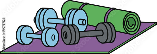 Dumbbells and a rolled-up exercise mat are placed on a yoga mat.