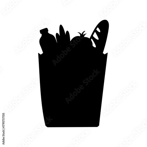 Black silhouette of grocery bag with various food items Vector, illustration