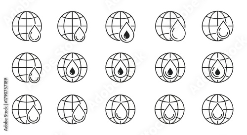 Collection of globe icons with water drop symbol.