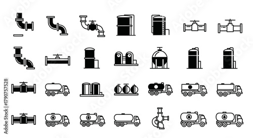 Oil and gas industry icons set in black and white.