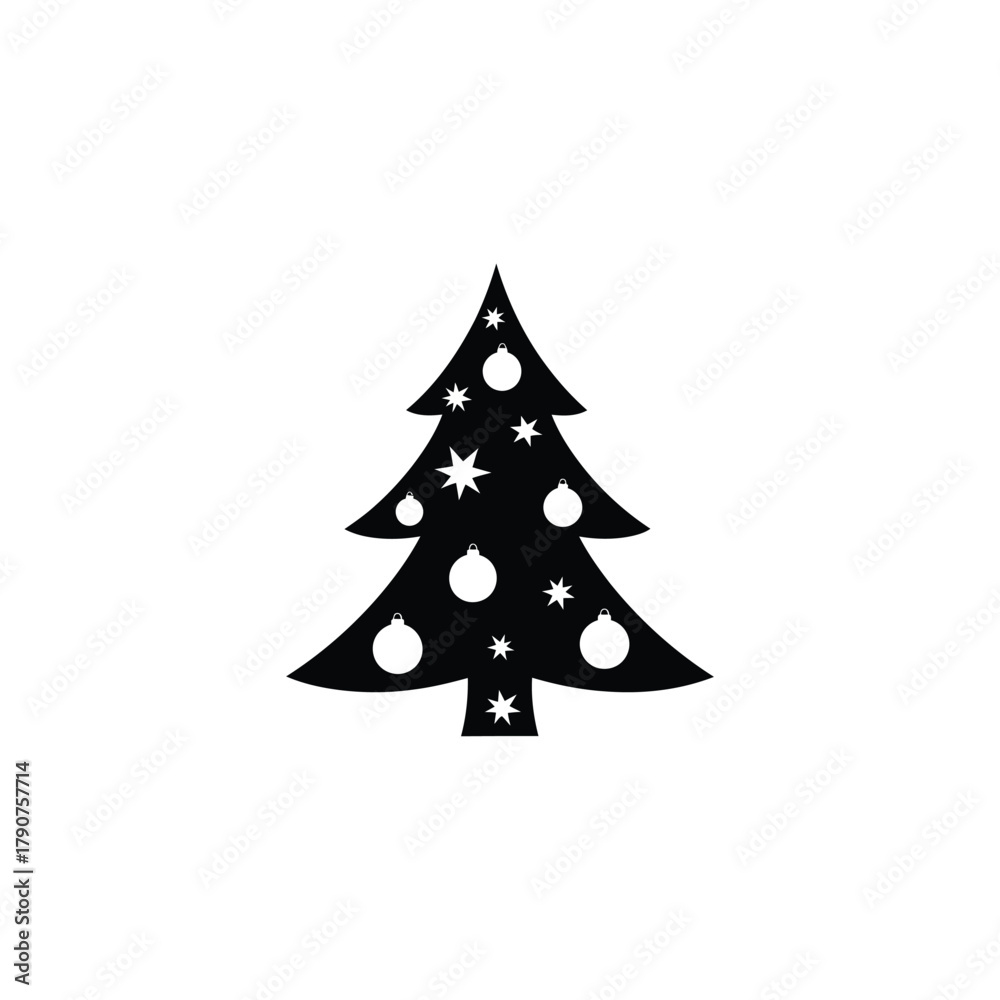 Fototapeta premium A stylized black Christmas tree silhouette adorned with stars and circular ornaments, isolated on a white background.