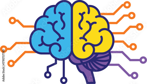 A stylized illustration of a human brain with digital connections and circuits