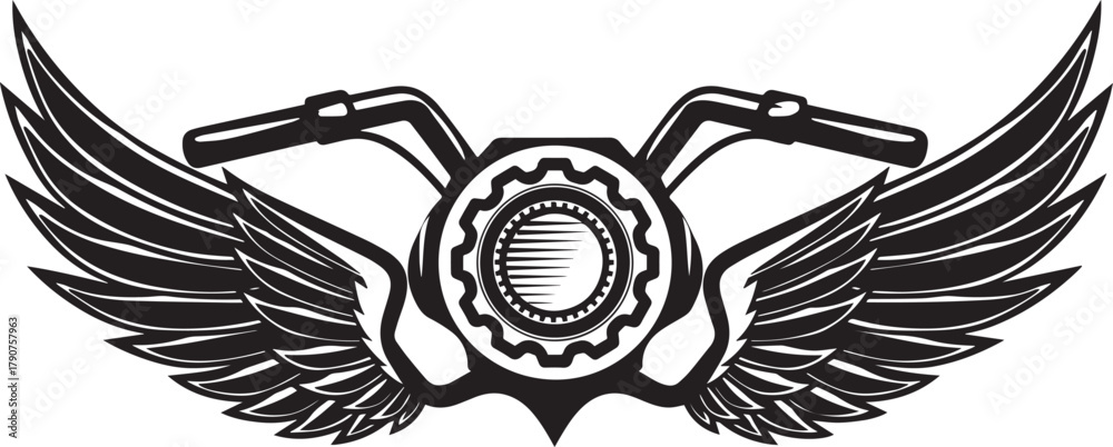 Obraz premium Motorcycle Wings Emblem: A detailed, monochrome emblem showcases a motorcycle handlebar and gear, accented by majestic wings, embodying the spirit of freedom and adventure.