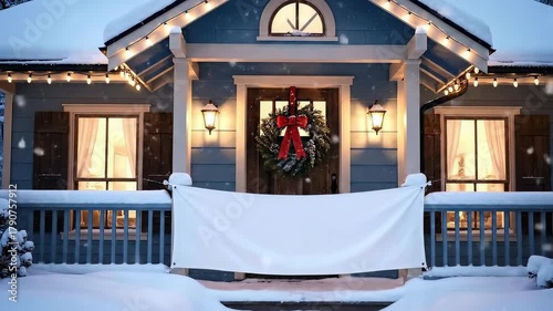 Snowy Christmas house with wreath and holiday lights featuring blank banner