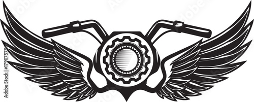 Motorcycle Wings Emblem: A detailed, monochrome emblem showcases a motorcycle handlebar and gear, accented by majestic wings, embodying the spirit of freedom and adventure.