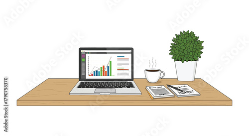 A laptop displaying a financial chart sits on a desk next to a coffee cup and notepad.