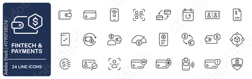 Fintech & Payments Line Icon Set with Editable Stroke. Collection of digital wallet, credit card, KYC, 2FA, chargeback, blockchain, crypto wallet, POS terminal, and banking security symbols.