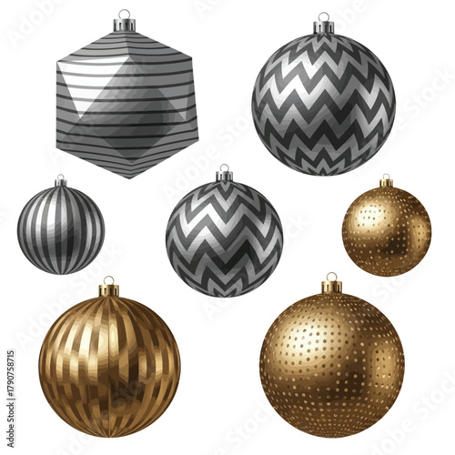 A collection of seven realistic gold and silver Christmas ornaments with various shapes and patterns on a white background.