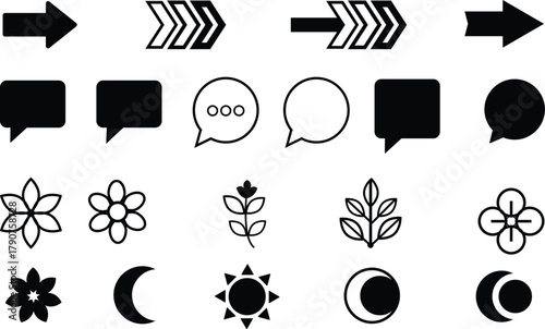 Minimal Speech Bubble and Nature Icon Set – Chat, Communication, and Day Night Symbols