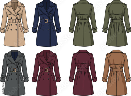 Women’s trench coat illustration, double-breasted design, belted waist, button detail, front and back view, fashion mockup, apparel vector, outerwear style, garment sketch