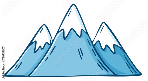 Hand drawn cartoon illustration of a blue mountain range with snowy peaks