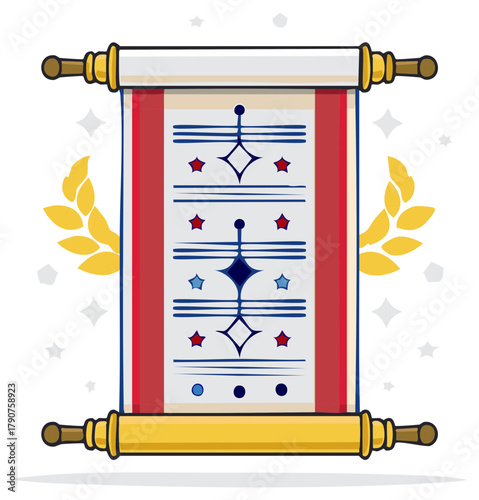 Elegant decorative scroll with stars and stripes pattern golden handles and laurel wreath design