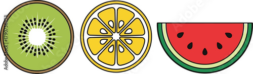 A kiwi slice, a lemon slice, and a watermelon slice are arranged side by side.