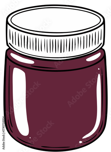 Simple cartoon illustration of a glass jar filled with dark fruit jam or preserves with a white screw-top lid