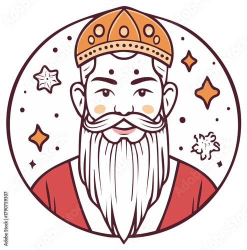 Illustrated Wise Man King Portrait with a Long Beard and Crown in a Starry Circle