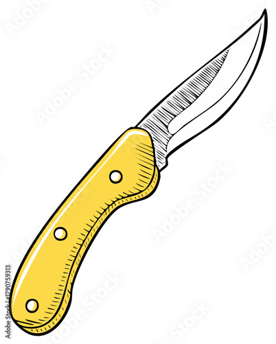 Illustrated camping knife with a yellow handle and sharp blade in a dynamic pose