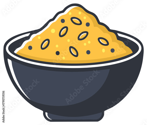 Vector illustration of a dark bowl brimming with golden grains, possibly rice or lentils
