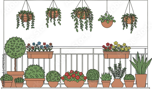 A balcony filled with various potted plants and flowers in terracotta pots.