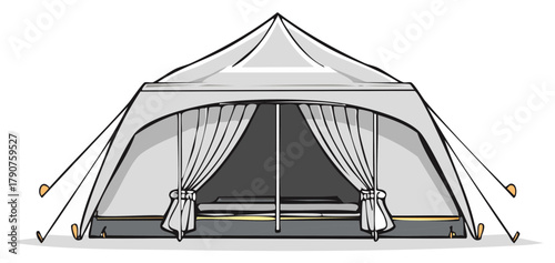 Glamping tent illustration with curtains and a bed, ideal for outdoor adventures and camping.