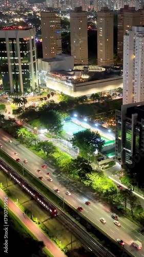 Night Marginal Pinheiros At Sao Paulo Brazil. Powerful Landscape Of The Vehicles In A Famous Road . Building Town Sky Illuminated Urban. Town Outside Illuminated . Sao Paulo Brazil.