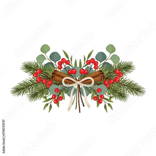 A festive winter holiday arrangement with pine branches, red berries, eucalyptus, and cinnamon sticks tied with a bow.