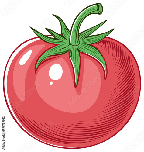 Illustration of a ripe tomato with a green stem, a healthy red fruit.