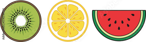 A slice of watermelon, a slice of lemon, and a slice of kiwi are displayed side by side.