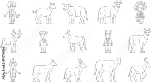 A collection of simple line drawings of animals and people.