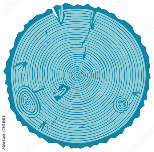 Stylized illustration of a tree trunk cross section showing annual growth rings and wood texture