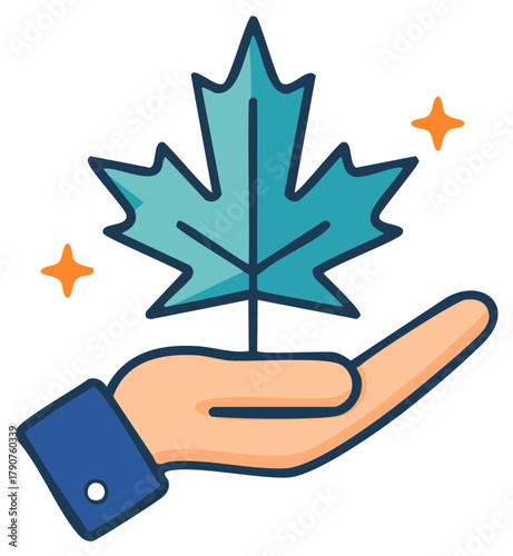 Blue maple leaf gently held in a hand surrounded by magical star sparkles