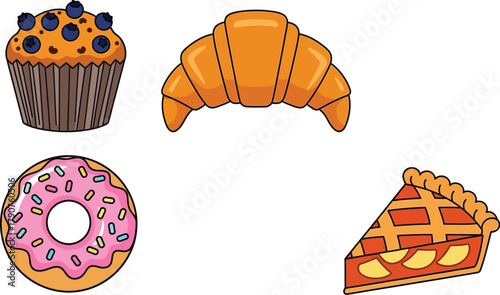 A collection of illustrated baked goods including a muffin, croissant, donut, and pie.