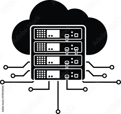 A cloud server rack connected with digital circuits symbolizes data storage and technology.