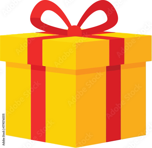 A bright yellow gift box with a red ribbon and bow sits centered.