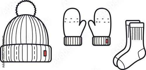 Winter clothing set with hat mittens and socks on a light background design