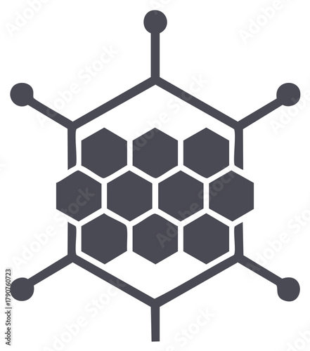 Scientific illustration of a viral capsid structure featuring interconnected hexagons and radiating elements