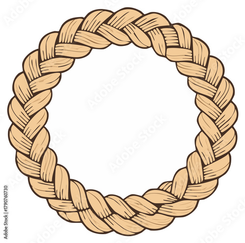Circular braided rope frame illustration, decorative rustic woven design, natural texture concept